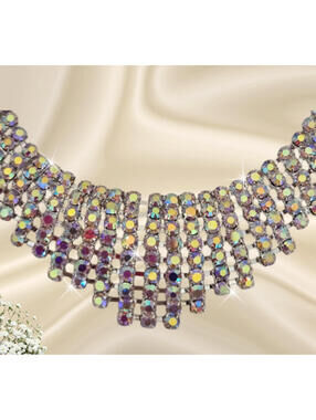 Aurora Borealis Rhinestone Necklace Silver Tone Crystal Pendant Adjustable Chain